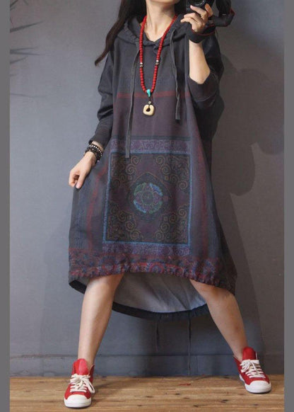 Vintage Grey Print Cotton hooded Summer Dress - SooLinen