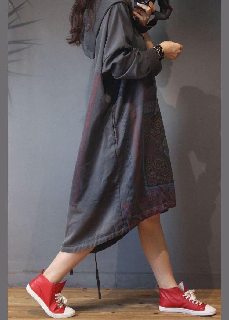 Vintage Grey Print Cotton hooded Summer Dress - SooLinen