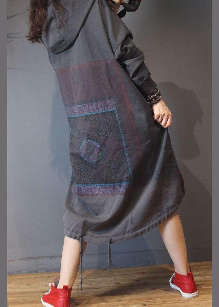 Vintage Grey Print Cotton hooded Summer Dress - SooLinen