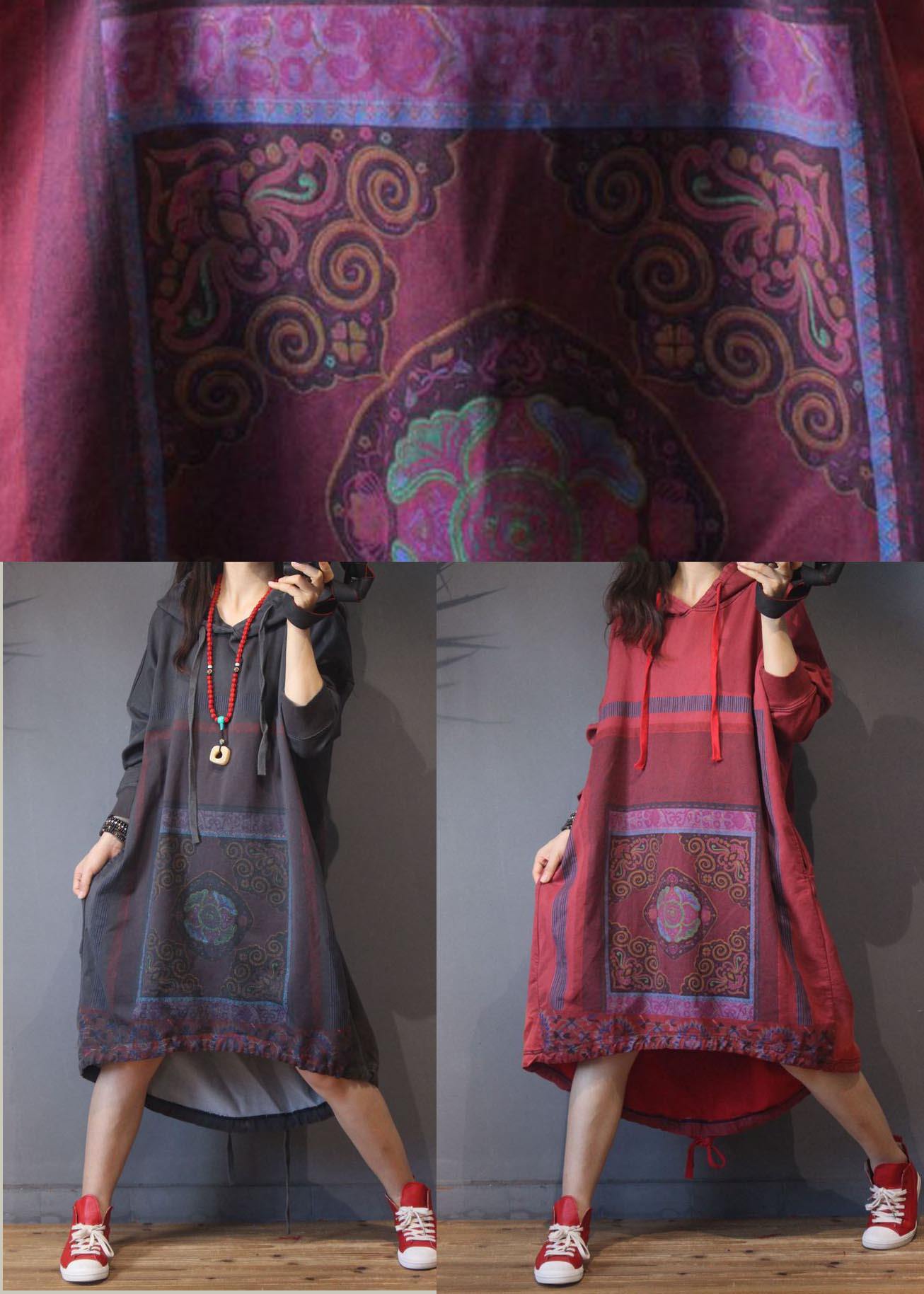 Vintage Grey Print Cotton hooded Summer Dress - SooLinen