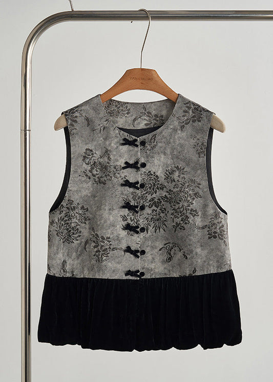 Chalecos de terciopelo de seda con patchwork y estampado gris vintage para primavera