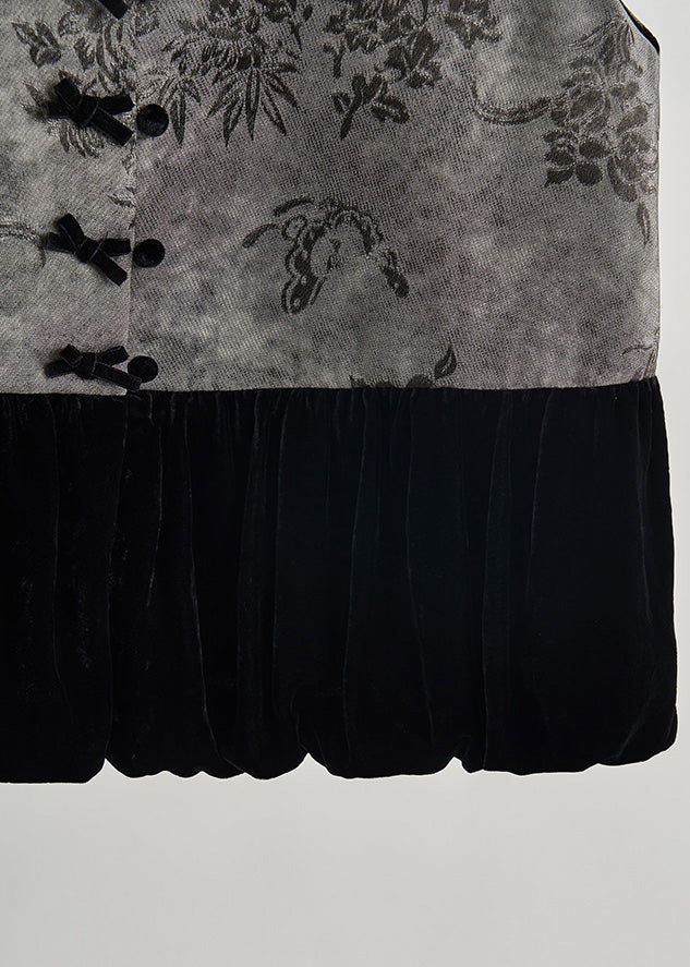 Vintage graue Patchwork-Seidenvelourswesten mit Print für den Frühling