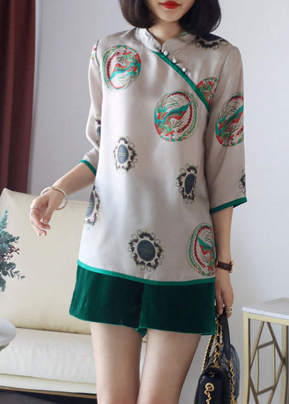 Vintage Grau Stehkragen taste druck Patchwork Seide Blusen Frühling