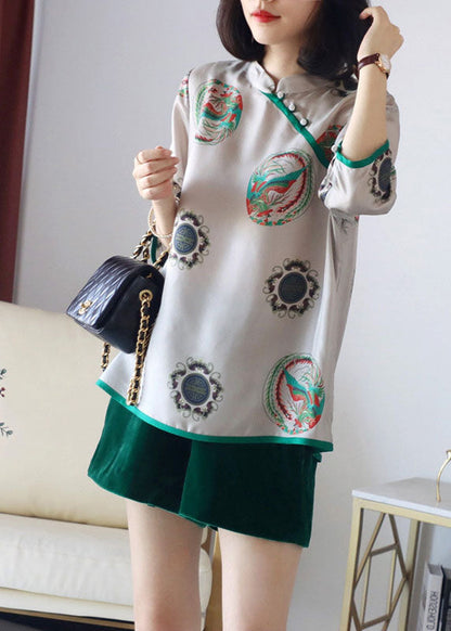 Vintage Grau Stehkragen taste druck Patchwork Seide Blusen Frühling