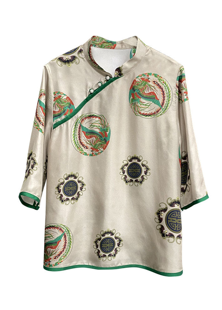 Vintage Grau Stehkragen taste druck Patchwork Seide Blusen Frühling