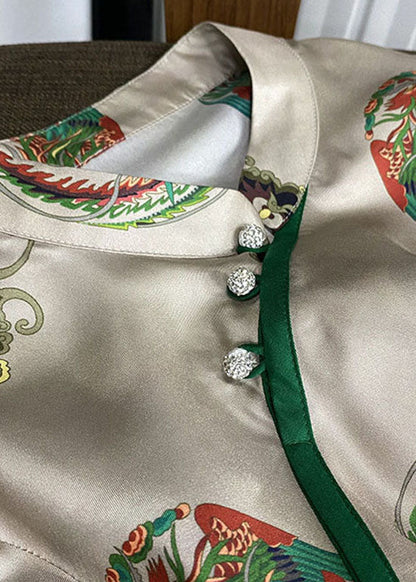 Vintage Grau Stehkragen taste druck Patchwork Seide Blusen Frühling