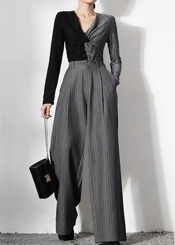 Vintage Grau Gestreifte Taschen weite Beinhose Frühling