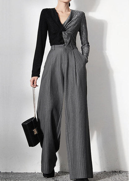 Vintage Grau Gestreifte Taschen weite Beinhose Frühling