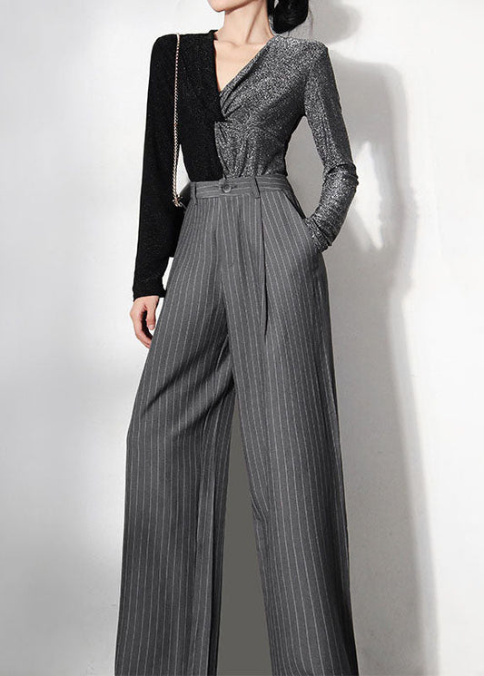 Vintage Grau Gestreifte Taschen weite Beinhose Frühling