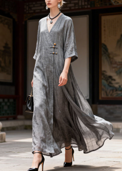 Vintage Grey V Neck Button Patchwork Cotton Long Dress Summer