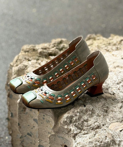 Vintage Hollow Out Splicing Chunky High Heels Grey Cowhide Leather