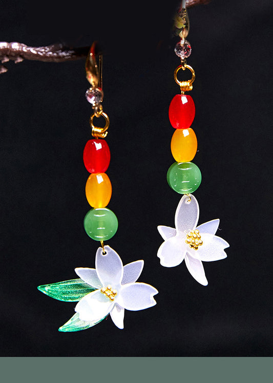 Pendientes colgantes de circonita y flor de loto de jade vintage