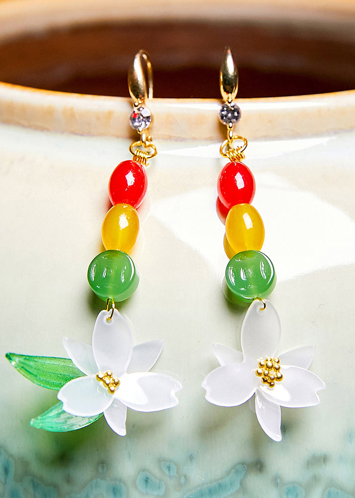 Pendientes colgantes de circonita y flor de loto de jade vintage