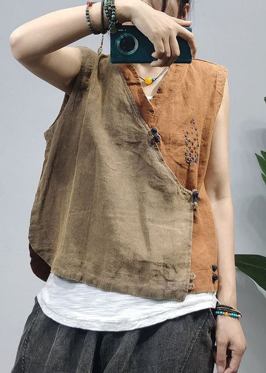 Vintage Khaki Chinesischer Knopf Patchwork Leinen Weste Top Ärmellos