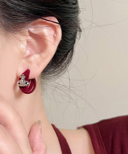 Vintage Khaki Copper Flocking Saturn C-Shaped Hoop Earrings