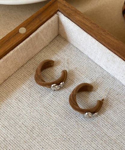 Vintage Khaki Copper Flocking Saturn C-Shaped Hoop Earrings