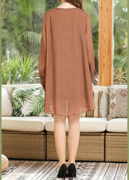 Vintage Khaki Long Sleeve Chiffon Summer Dress - SooLinen