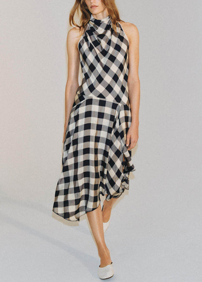 Vintage Khaki Plaid Asymmetrical Cotton Long Dress Summer
