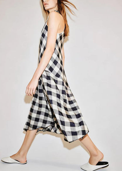 Vintage Khaki Plaid Asymmetrical Cotton Long Dress Summer