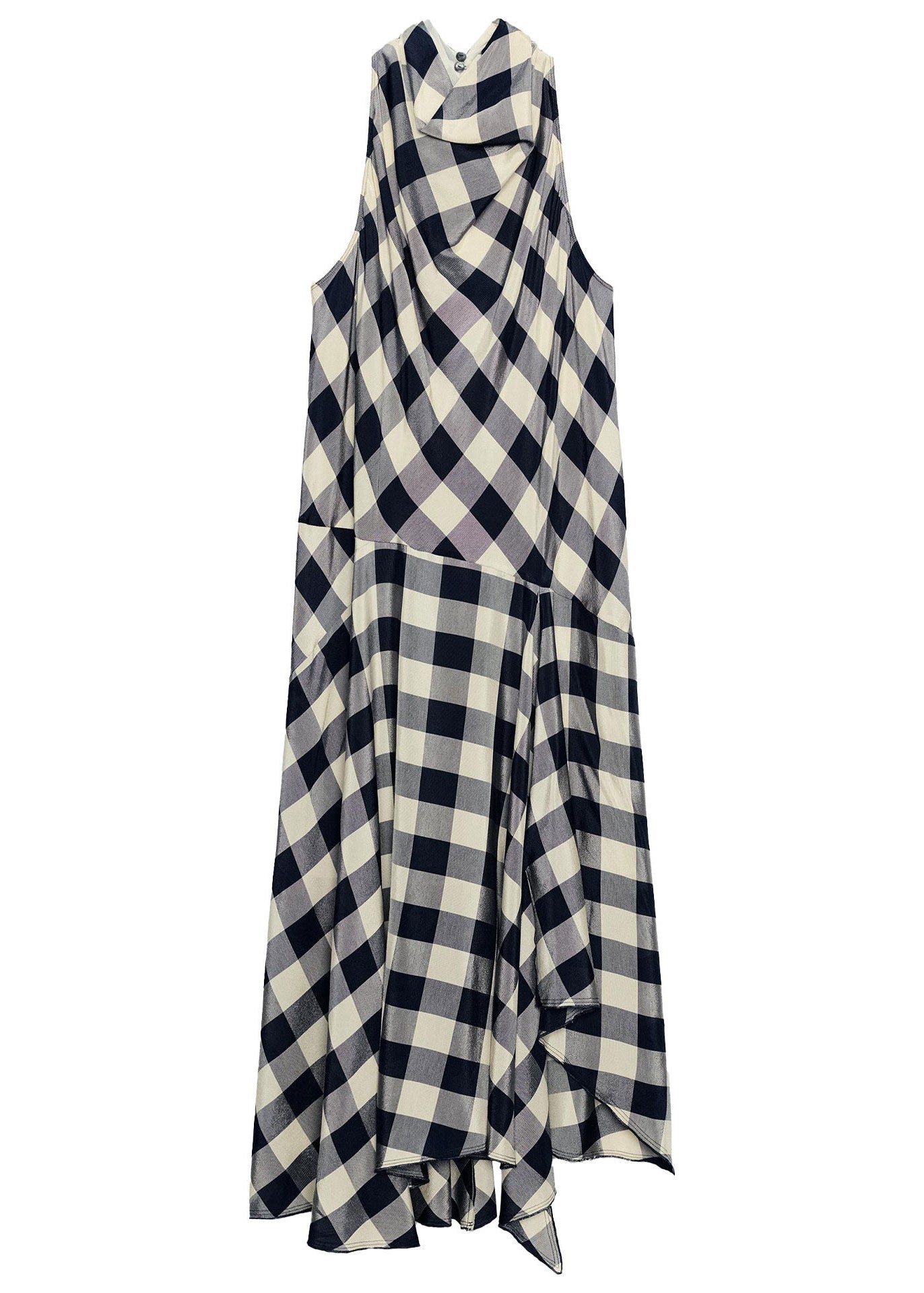 Vintage Khaki Plaid Asymmetrical Cotton Long Dress Summer