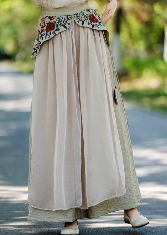 Vintage Khakifarbene Seidenhose mit besticktem Patchwork-Design und Taschen für den Herbst