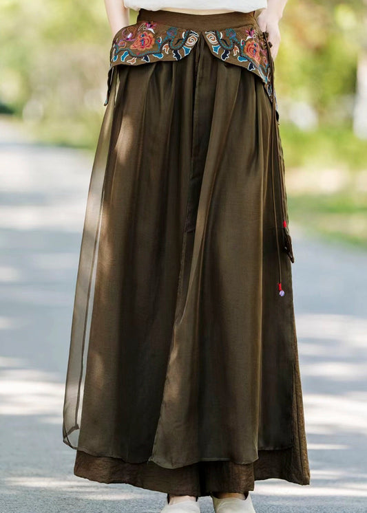 Vintage Khakifarbene Seidenhose mit besticktem Patchwork-Design und Taschen für den Herbst