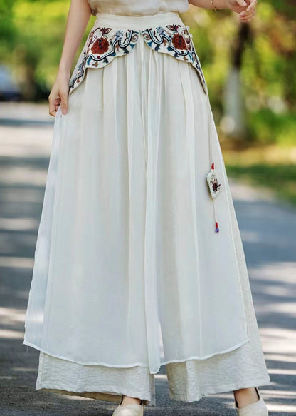 Vintage Khakifarbene Seidenhose mit besticktem Patchwork-Design und Taschen für den Herbst