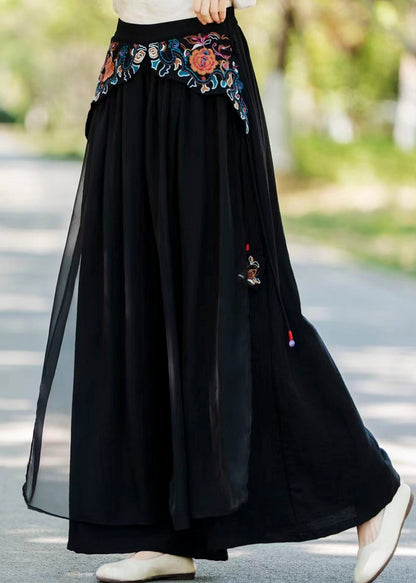 Vintage Khakifarbene Seidenhose mit besticktem Patchwork-Design und Taschen für den Herbst