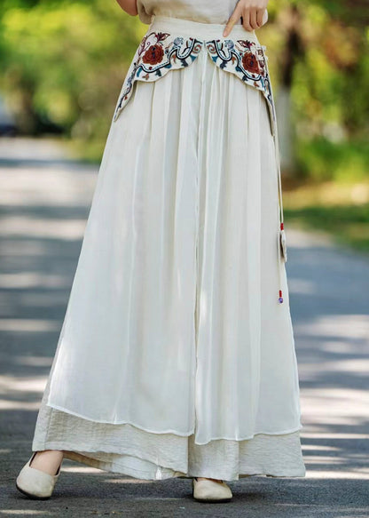 Vintage Khakifarbene Seidenhose mit besticktem Patchwork-Design und Taschen für den Herbst