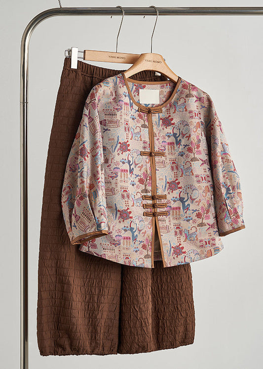 Vintage Khaki Print Chinese Button Cotton Jacket Spring