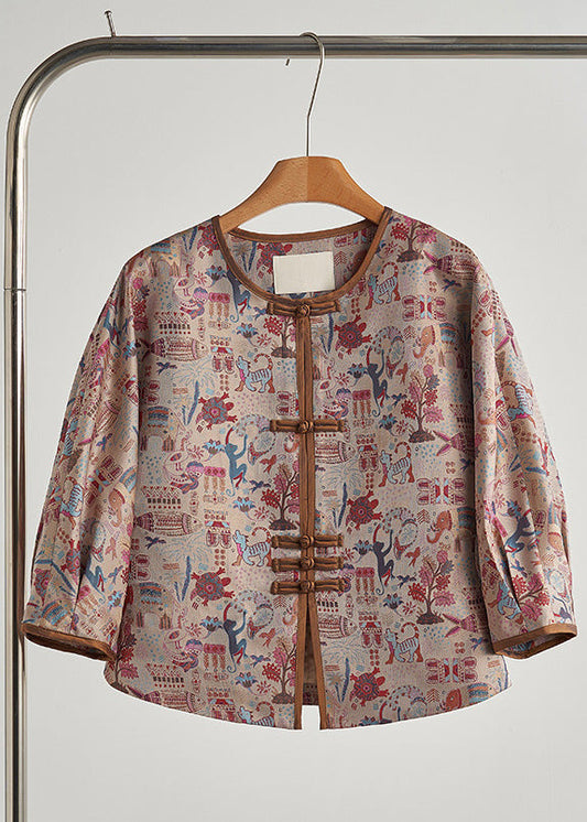 Vintage Khaki Print Chinese Button Cotton Jacket Spring