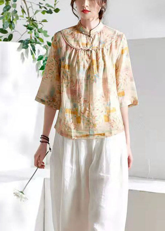 Vintage Khaki Stand Collar print Tops Three Quarter sleeve