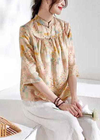 Vintage Khaki Stand Collar print Tops Three Quarter sleeve