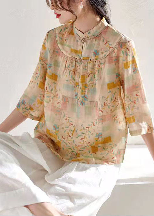 Vintage Khaki Stand Collar print Tops Three Quarter sleeve