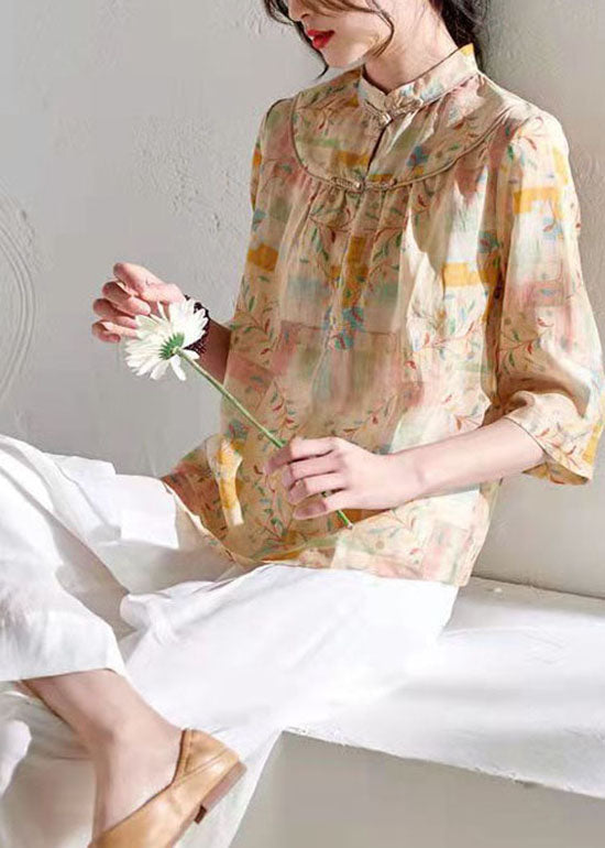 Vintage Khaki Stand Collar print Tops Three Quarter sleeve