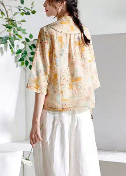 Vintage Khaki Stand Collar print Tops Three Quarter sleeve