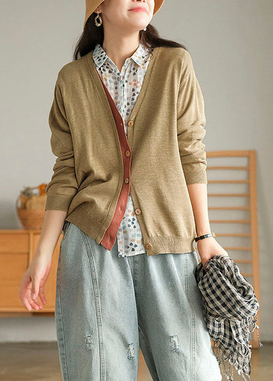 Vintage Khaki button V Neck Patchwork Knit Loose Cardigans Spring