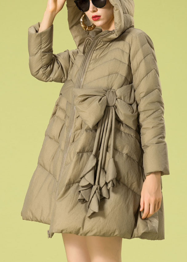 Vintage Khaki hooded zippered Bow Winter Duck Down coat