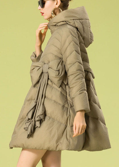 Vintage Khaki hooded zippered Bow Winter Duck Down coat