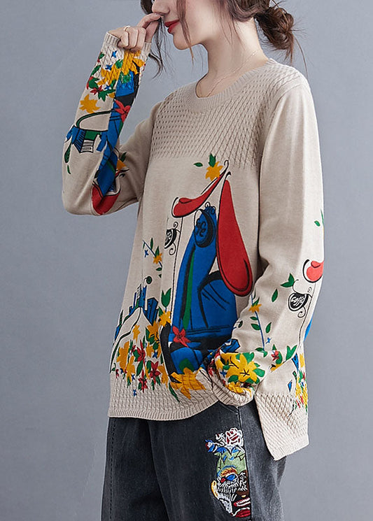 Vintage Khaki side open Print Knit Sweaters Winter