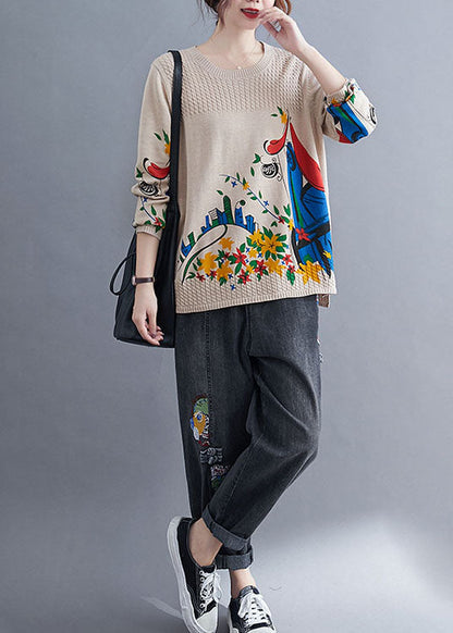 Vintage Khaki side open Print Knit Sweaters Winter