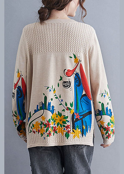 Vintage Khaki side open Print Knit Sweaters Winter