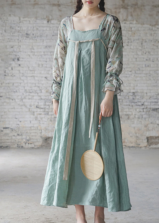 Vintage Hellblau Lace up print Patchwork Leinen Lange Kleider Langarm