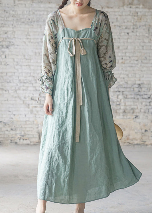 Vintage Hellblau Lace up print Patchwork Leinen Lange Kleider Langarm