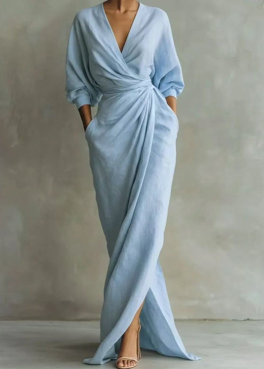 Vintage Light Blue V Neck Side Open Cotton Vacation Dresses Long Sleeve