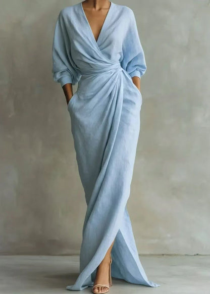 Vintage Light Blue V Neck Side Open Cotton Vacation Dresses Long Sleeve