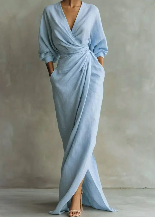 Vintage Light Blue V Neck Side Open Cotton Vacation Dresses Long Sleeve