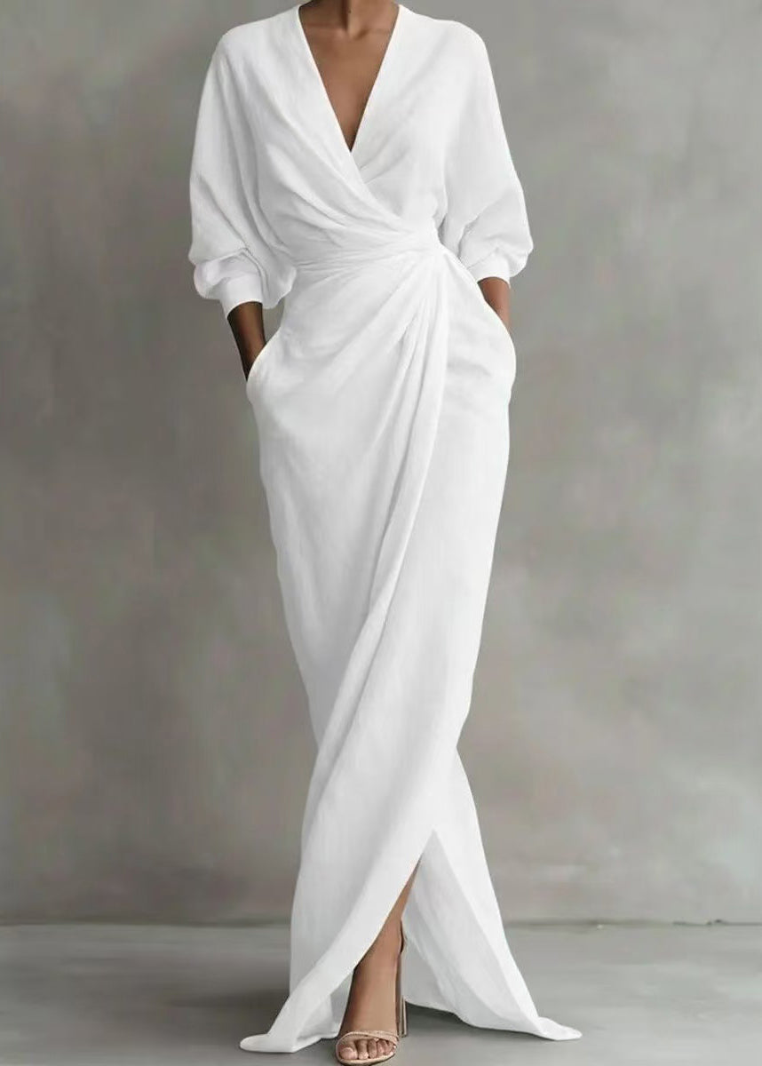 Vintage Light Blue V Neck Side Open Cotton Vacation Dresses Long Sleeve