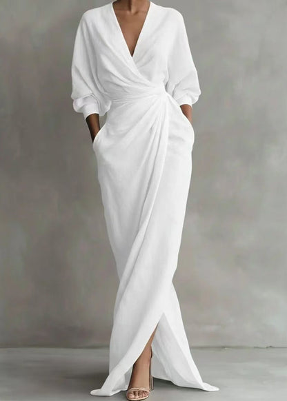 Vintage Light Blue V Neck Side Open Cotton Vacation Dresses Long Sleeve