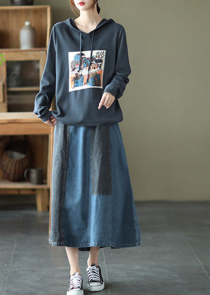 Vintage Hellblaue Tasche Patchwork A-Linie Rock Frühling